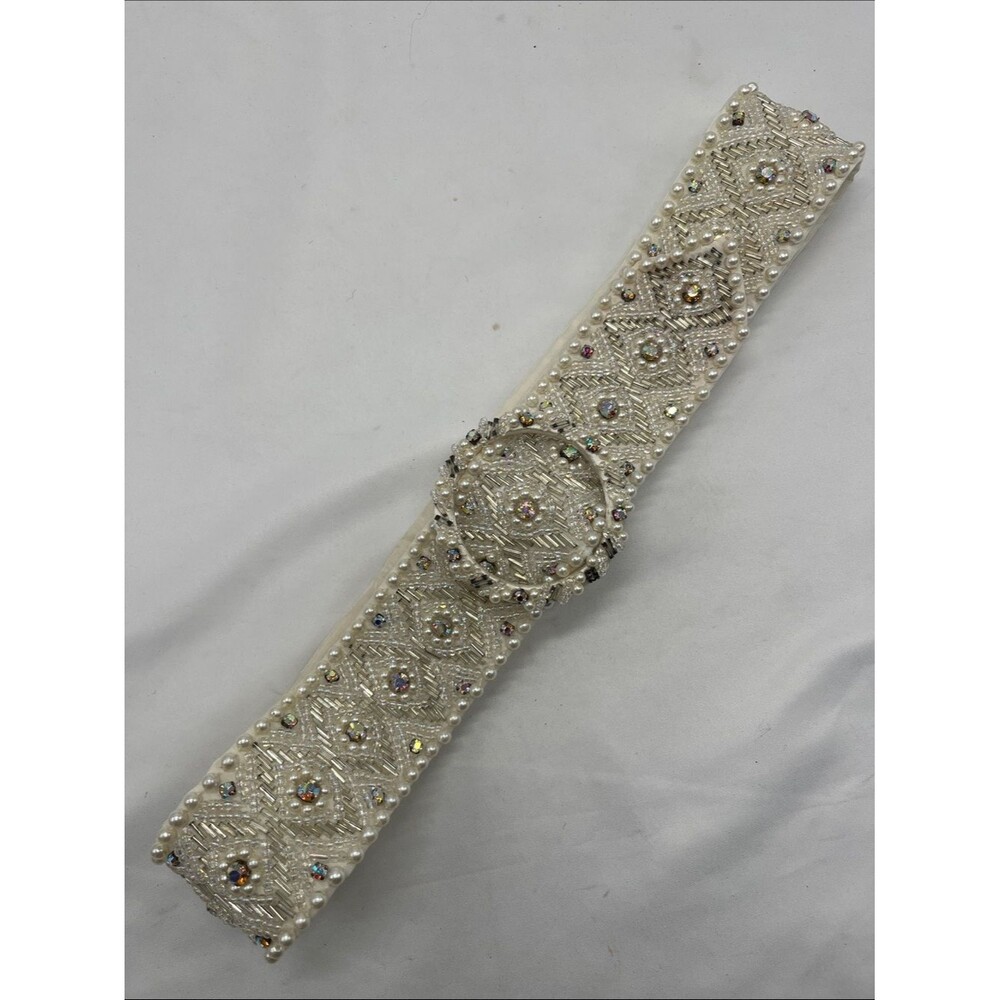 Vintage NWT 1970s White Silver Toned Beaded Wide Belt